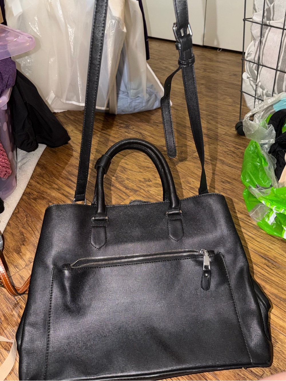 Classic Black Leather Tote with Removable Shoulder Strap and Laptop Compartment